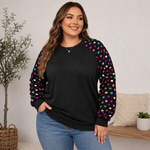 Women's Heart Print Raglan Sweatshirt Black Multicolor 3X Plus Lounge Casual
